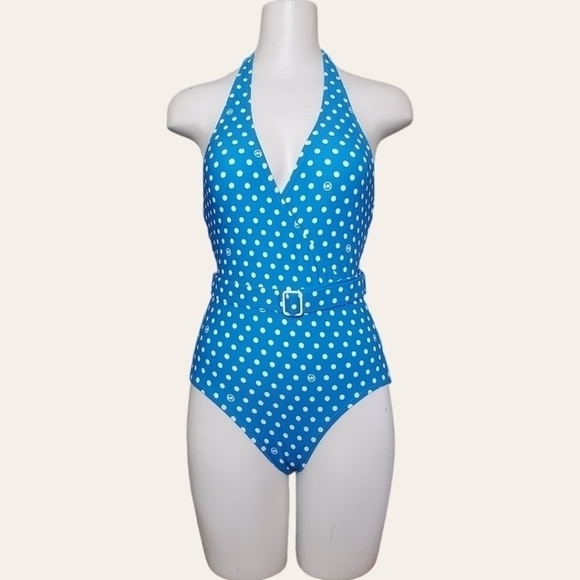 MICHAEL KORS blue Dot Belted Halter One-Piece Swimsuit Size 8 - Picture 1 of 8